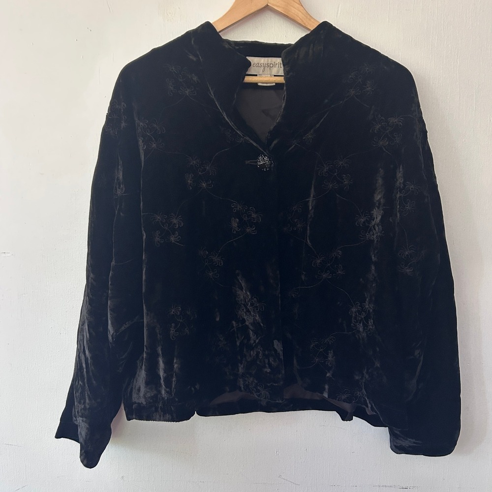 Easy Spirit Velvet Jacket Women M Black Embroidered Holiday Whimsigoth VTG